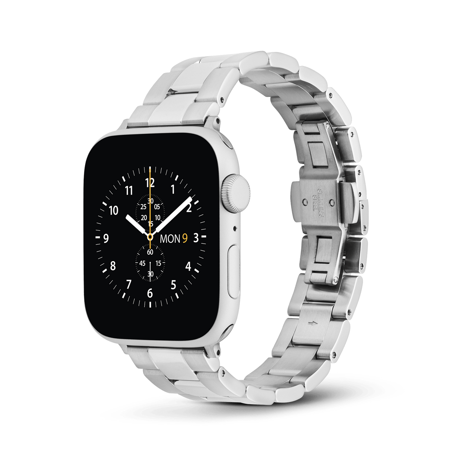 Apple Watch fitted with the Smartwatch Iconic Link Silver strap, featuring a classic 3-link design in brushed and polished stainless steel with a butterfly buckle, suitable for both formal and casual wear.