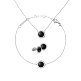 Daniel Wellington Audrey Black Agathe Silver Set featuring a matching necklace, bracelet, and stud earrings, each with a polished silver finish and round black agate stones framed by sparkling accents.