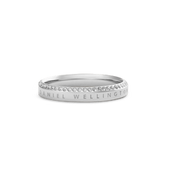 Classic Aura Ring Silver with a polished stainless steel band, featuring a row of white crystals set along the chamfered edge and subtle engraved branding for a refined, minimalist finish.