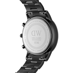 Back view of the Iconic Chronograph Link Onyx B men's watch showing the engraved stainless steel case, serial number, and robust black link bracelet.