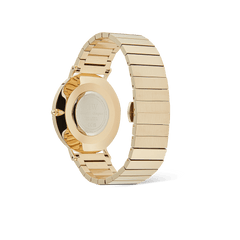 Rear view of the Classic Piano Link Gold Unitone watch showing the brushed gold stainless steel piano link bracelet, butterfly clasp, and engraved case back.