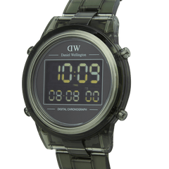 Retro Digital Dark Green watch with a transparent dark green bio-based plastic strap, round black digital dial, and LED display showing time, date, and chronograph features.