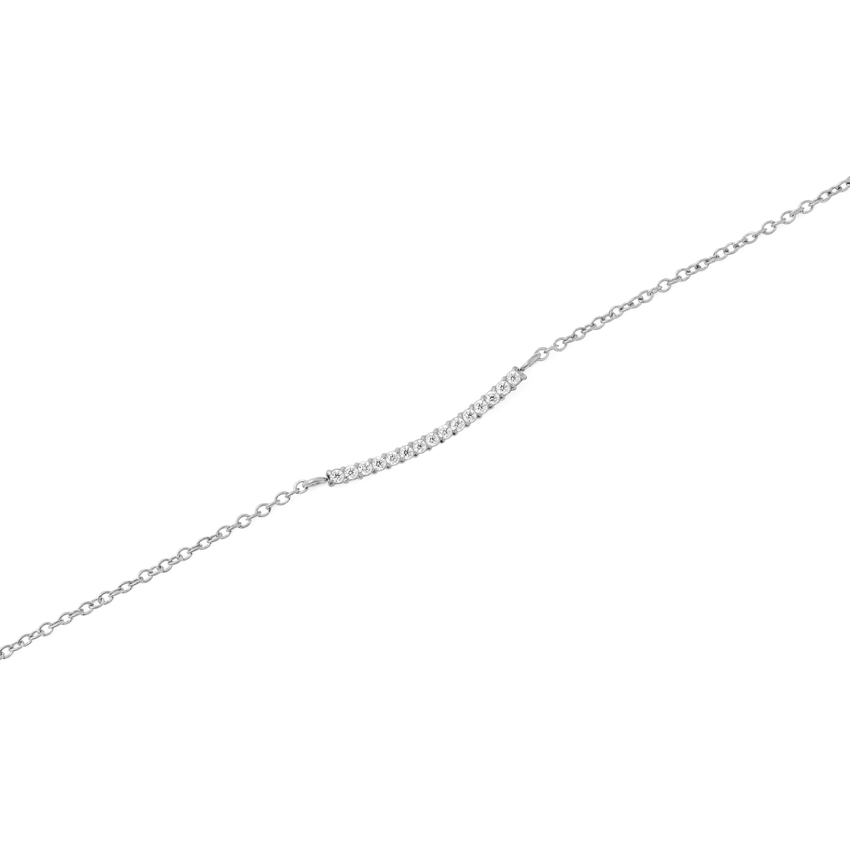 Close-up of the Mirelle Eternity Necklace Silver showing the slender bar pendant set with sparkling white cubic zirconia crystals on a fine polished silver chain.