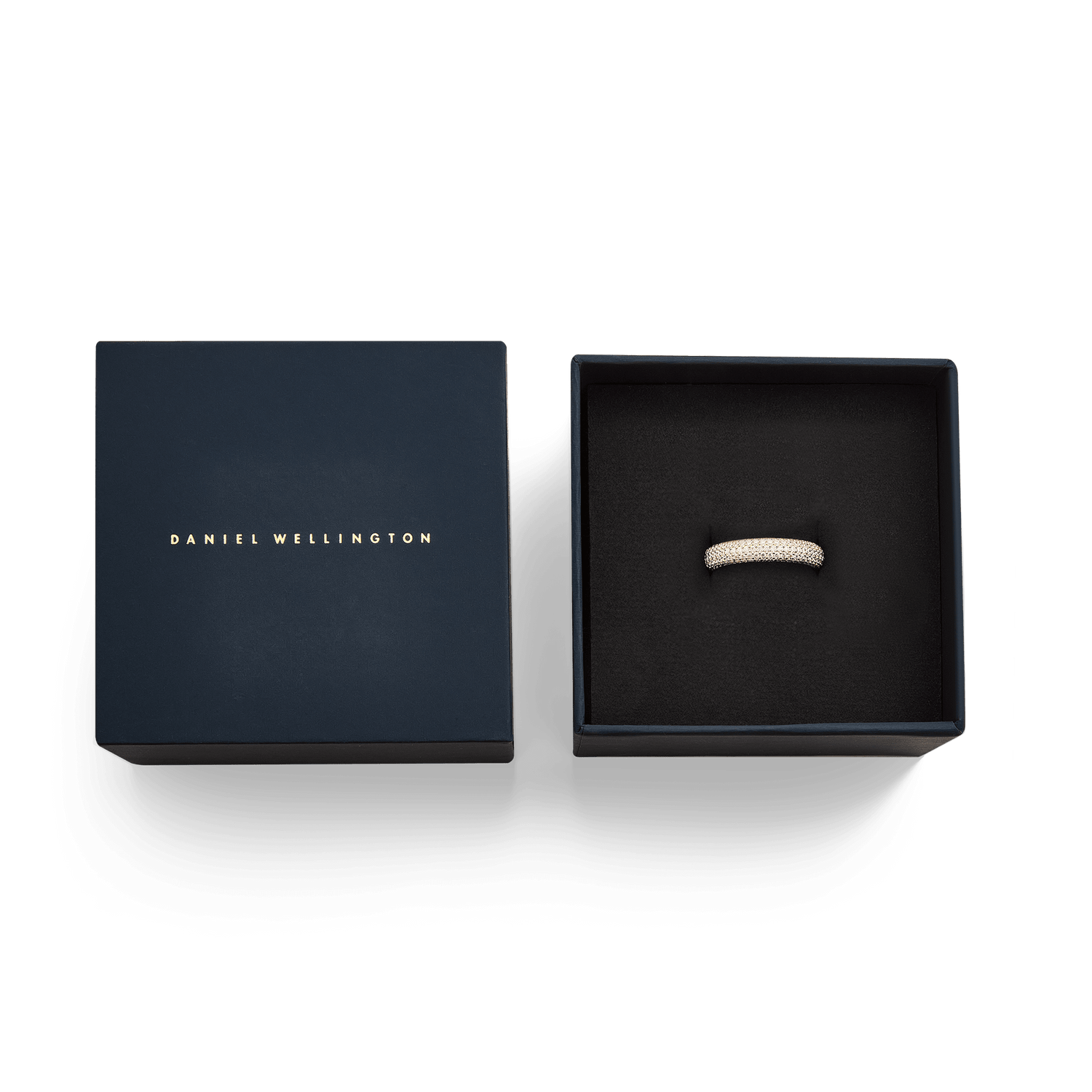 Pavé Ring Rose Gold 5 mm displayed in an elegant Daniel Wellington gift box, highlighting its sparkling cubic zirconia crystals and refined rose gold finish, perfect for gifting.