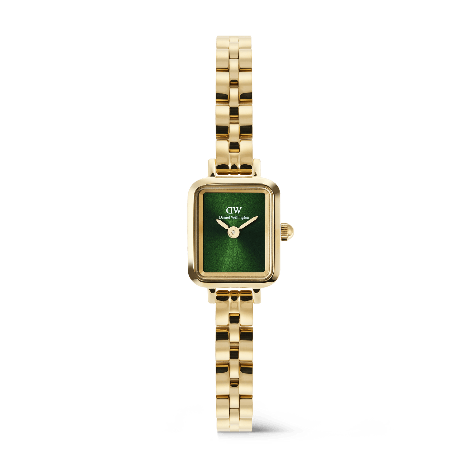 Quadro Mini Arch 3-link Emerald Sunray Gold ladies watch featuring a petite rectangular gold case, polished gold 3-link bracelet, and a deep emerald green sunray dial, designed for small wrists and everyday wear.