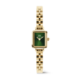 Quadro Mini Arch 3-link Emerald Sunray Gold ladies watch featuring a petite rectangular gold case, polished gold 3-link bracelet, and a deep emerald green sunray dial, designed for small wrists and everyday wear.