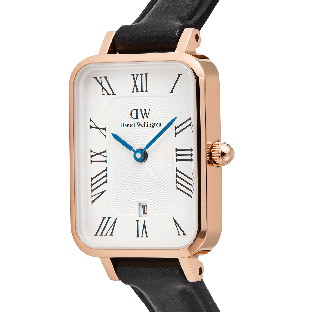 Close-up of the Quadro Roman Numerals Date Sheffield Rose Gold ladies watch, showing the rectangular rose gold case, white dial with bold Roman numerals, blue hands, date window at six o’clock, and slim black leather strap.
