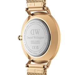 Back view of the Classic Multi-Eye Evergold Onyx men's watch, showing the stainless steel case, engraved branding, and gold mesh strap with a secure clasp.
