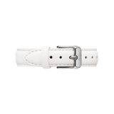 White genuine leather watch strap with a polished silver buckle, featuring fine stitching and a minimalist style, designed for ladies' watches in 12mm or 14mm sizes.