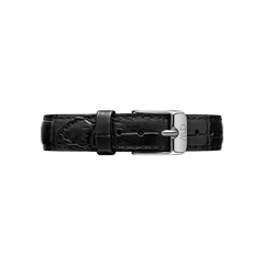 Slim black croc-embossed leather watch strap with a polished silver buckle, designed for Daniel Wellington watches and suitable for both men’s and ladies’ timepieces.