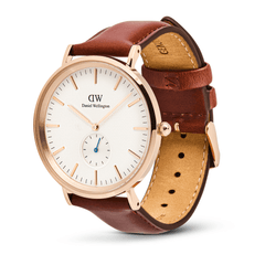 Classic Multi-Eye St Mawes Off-white Sunray Rose Gold men's watch with a rose gold round case, off-white sunray dial featuring triangular texture, blue sub-second hand, and a stitched brown leather strap with adjustable pin buckle.