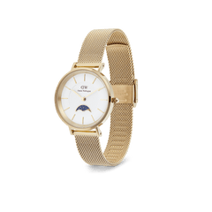 Petite Lune Evergold ladies gold watch featuring a 32mm round case, white dial with moon-phase sub-dial, and an adjustable gold mesh strap, shown standing upright to highlight its classic and versatile design.