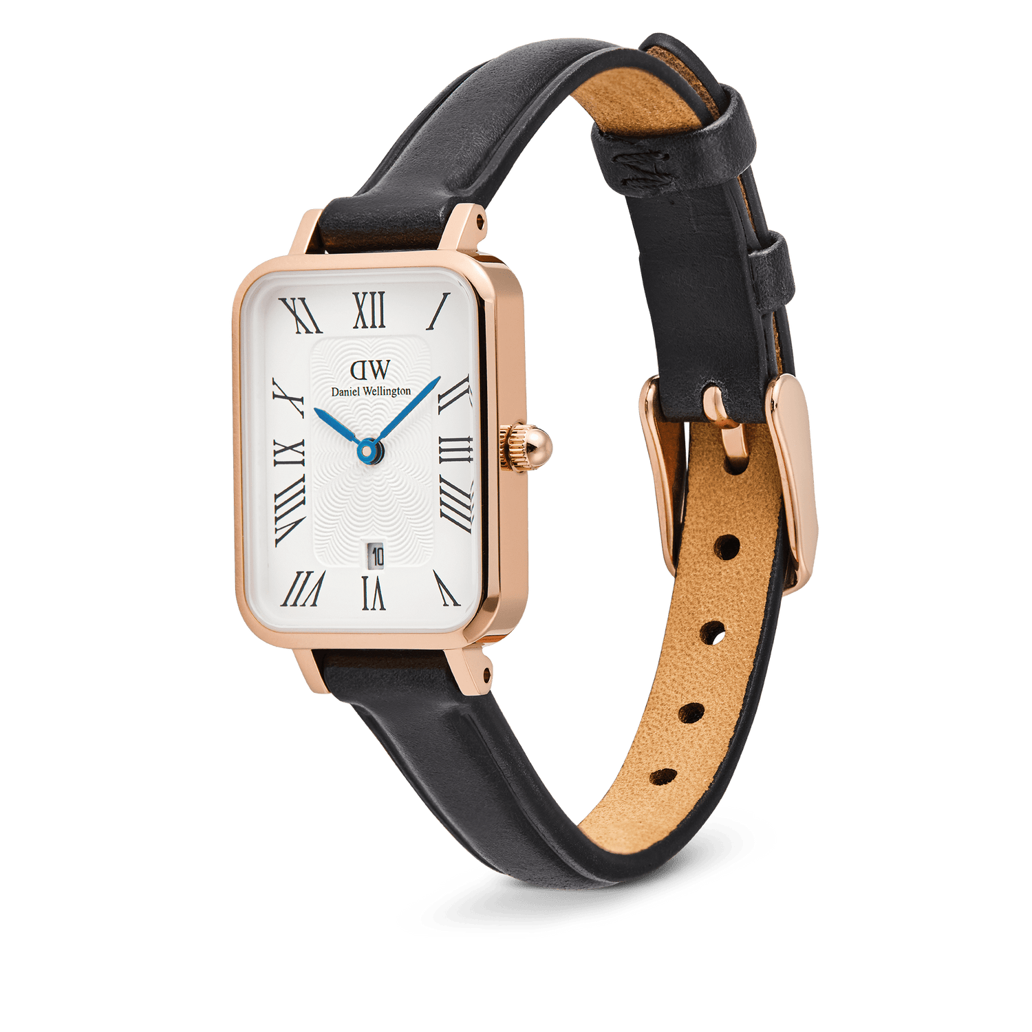 Quadro Roman Numerals Date Sheffield Rose Gold ladies watch with a rectangular rose gold case, white dial featuring Roman numerals and blue hands, date window at six o’clock, and a slim black genuine leather strap with pin buckle.