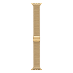 Gold mesh stainless steel Apple Watch strap with an 18mm slim profile, featuring adjustable clasp and connectors for easy installation and a comfortable fit.