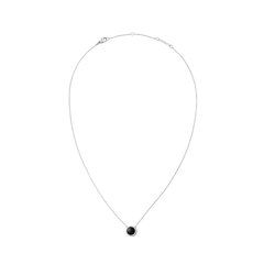Silver necklace with a domed black agate pendant surrounded by white cubic zirconia crystals, featuring a fine adjustable chain and a secure lobster clasp.