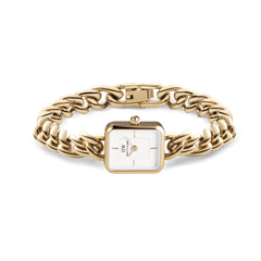 Jolie Chain Gold watch displayed with its chunky gold chain bracelet and square white dial, highlighting the adjustable foldover clasp and jewellery-inspired design.
