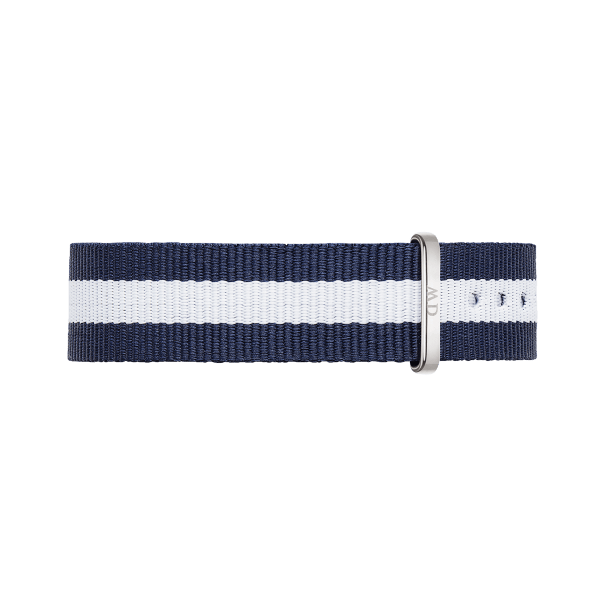 Glasgow Strap Silver in a navy and white striped NATO style, featuring a polished silver buckle and multiple size holes for an adjustable fit.