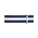 Glasgow Strap Silver in a navy and white striped NATO style, featuring a polished silver buckle and multiple size holes for an adjustable fit.