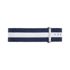 Glasgow Strap Silver in a navy and white striped NATO style, featuring a polished silver buckle and multiple size holes for an adjustable fit.