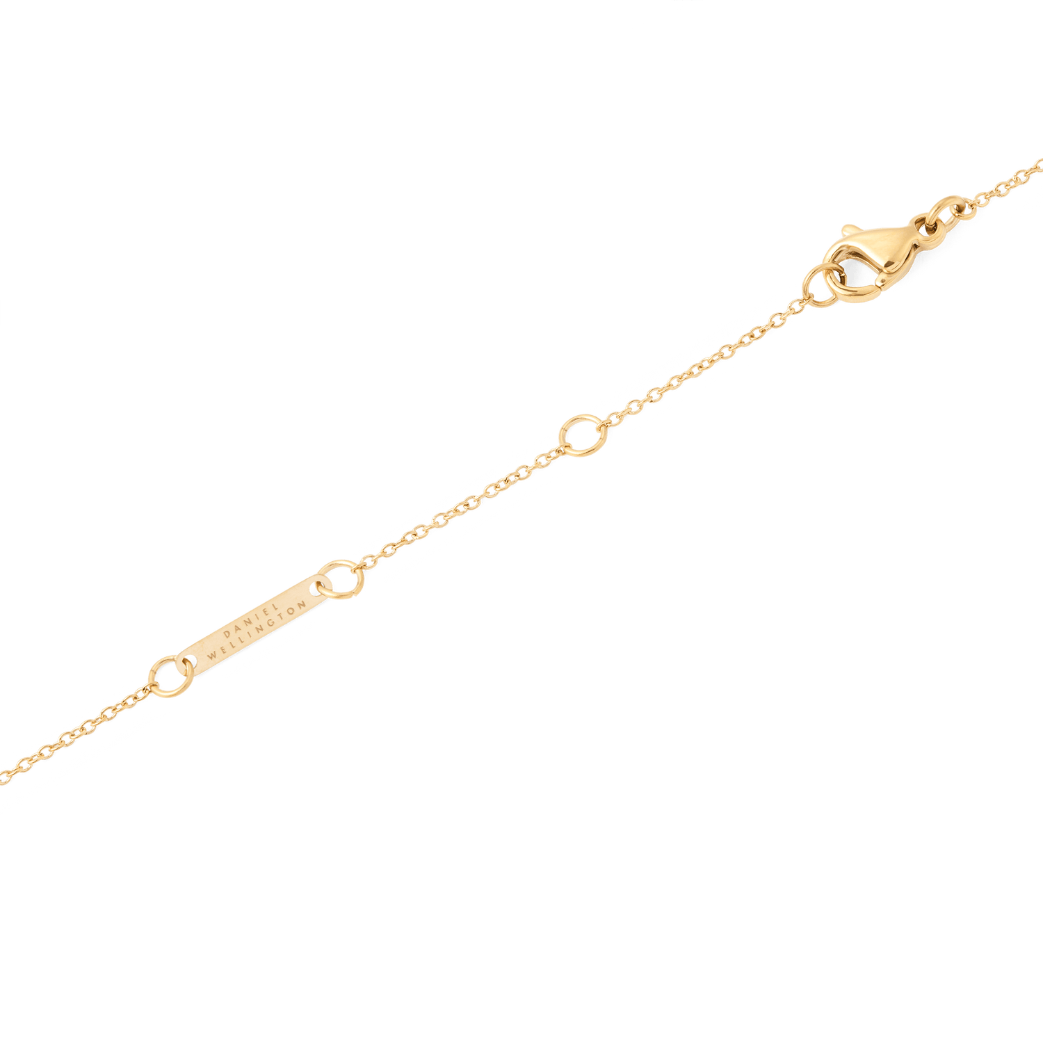 Detail of the Mirelle Star Necklace Gold showing the adjustable gold chain, secure clasp, and a small engraved Daniel Wellington tag.