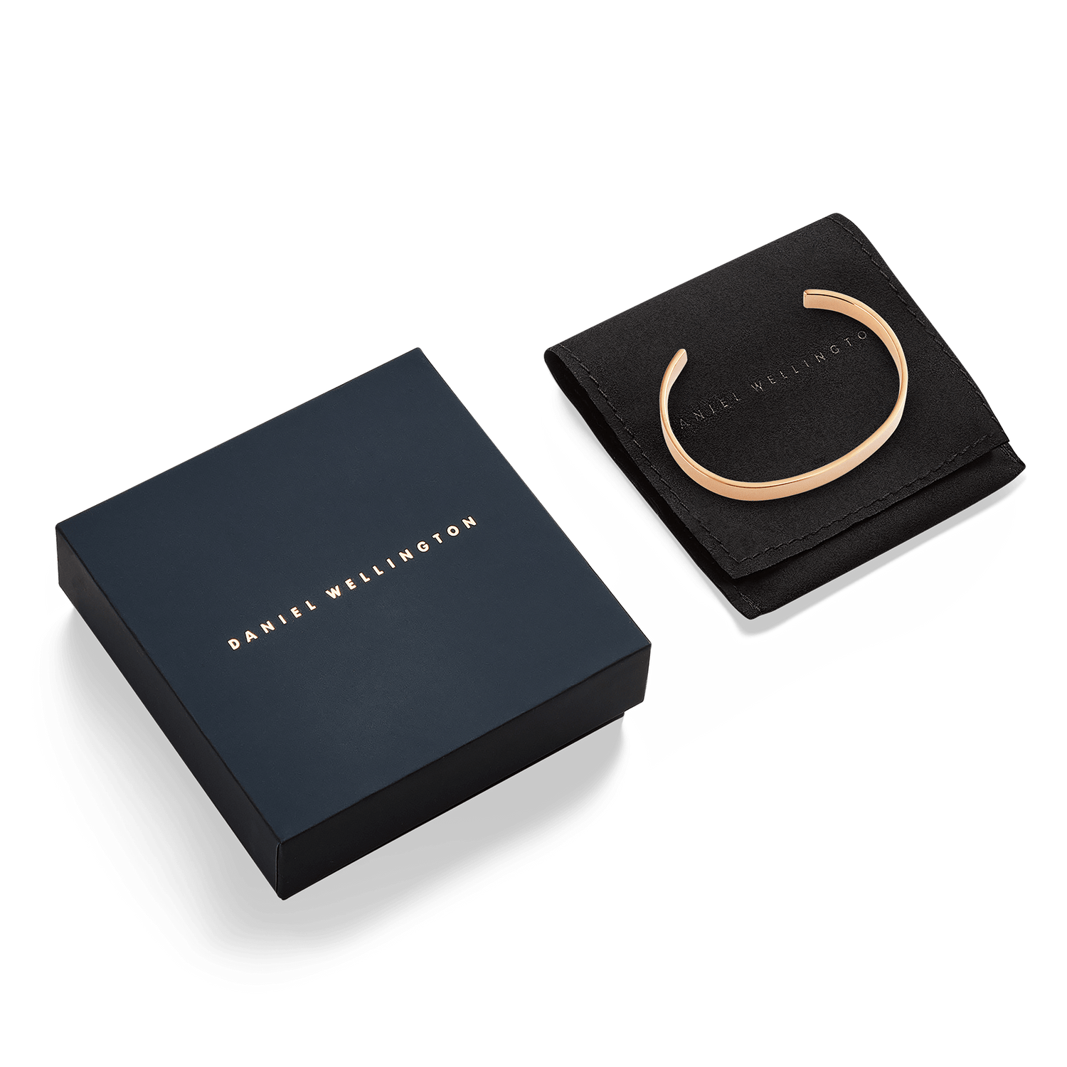 Line Cuff Polished Rose Gold bracelet displayed with elegant black packaging and a branded box, highlighting its refined presentation as a stylish gift option.