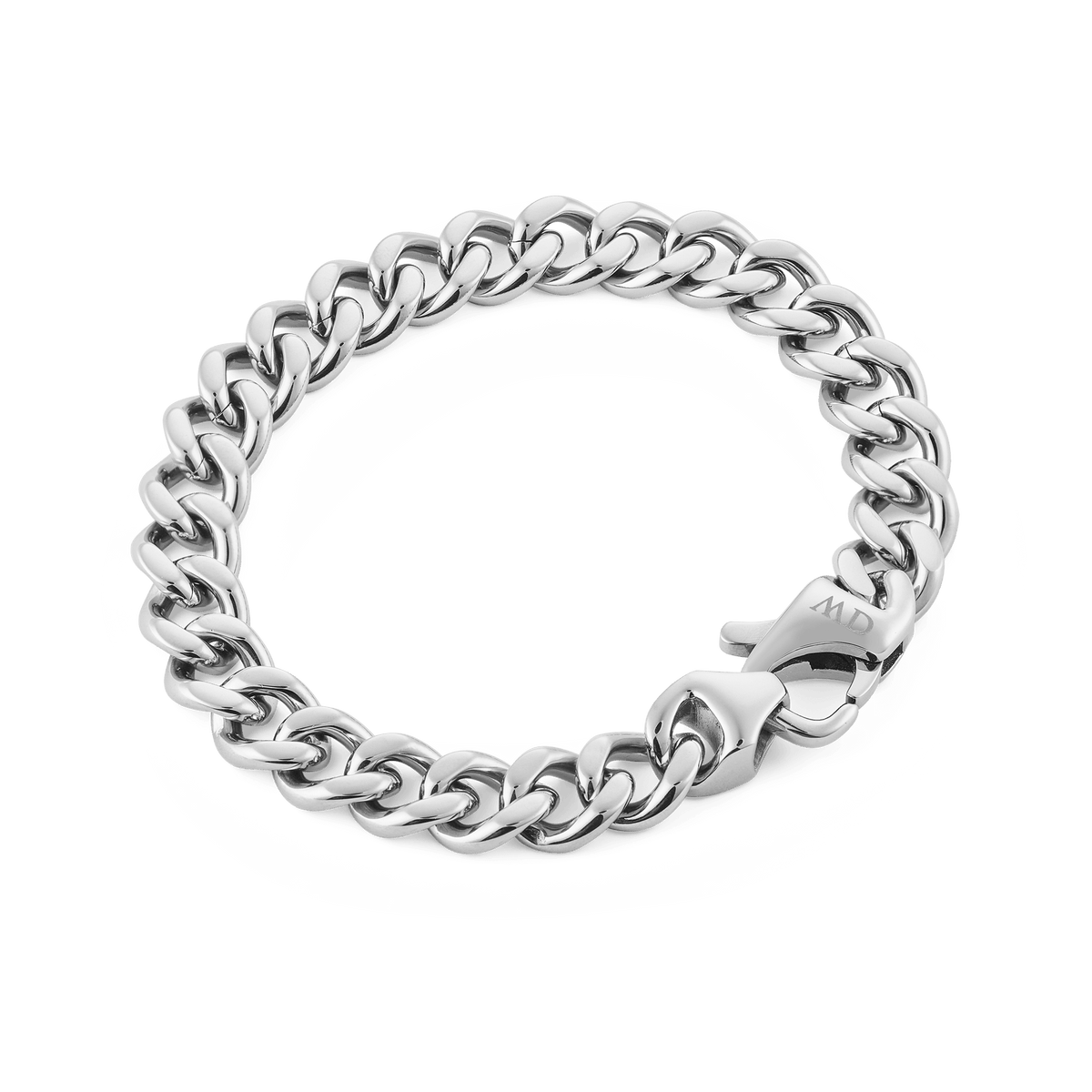 Ellipse Cuban Chain Bracelet Silver shown in a flat lay, featuring chunky polished links and a sturdy lobster clasp, crafted from high quality 316L stainless steel.