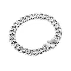 Ellipse Cuban Chain Bracelet Silver shown in a flat lay, featuring chunky polished links and a sturdy lobster clasp, crafted from high quality 316L stainless steel.