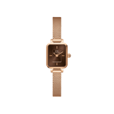 Quadro Mini Melrose Amber features a rectangular rose gold case with a warm amber sunray dial and a matching rose gold mesh strap, offering a refined and minimalist look ideal for petite wrists.