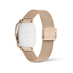 Rear view of the Marlon Melrose Linen men’s watch showing the stainless steel case back, rose gold mesh strap, and adjustable clasp buckle.