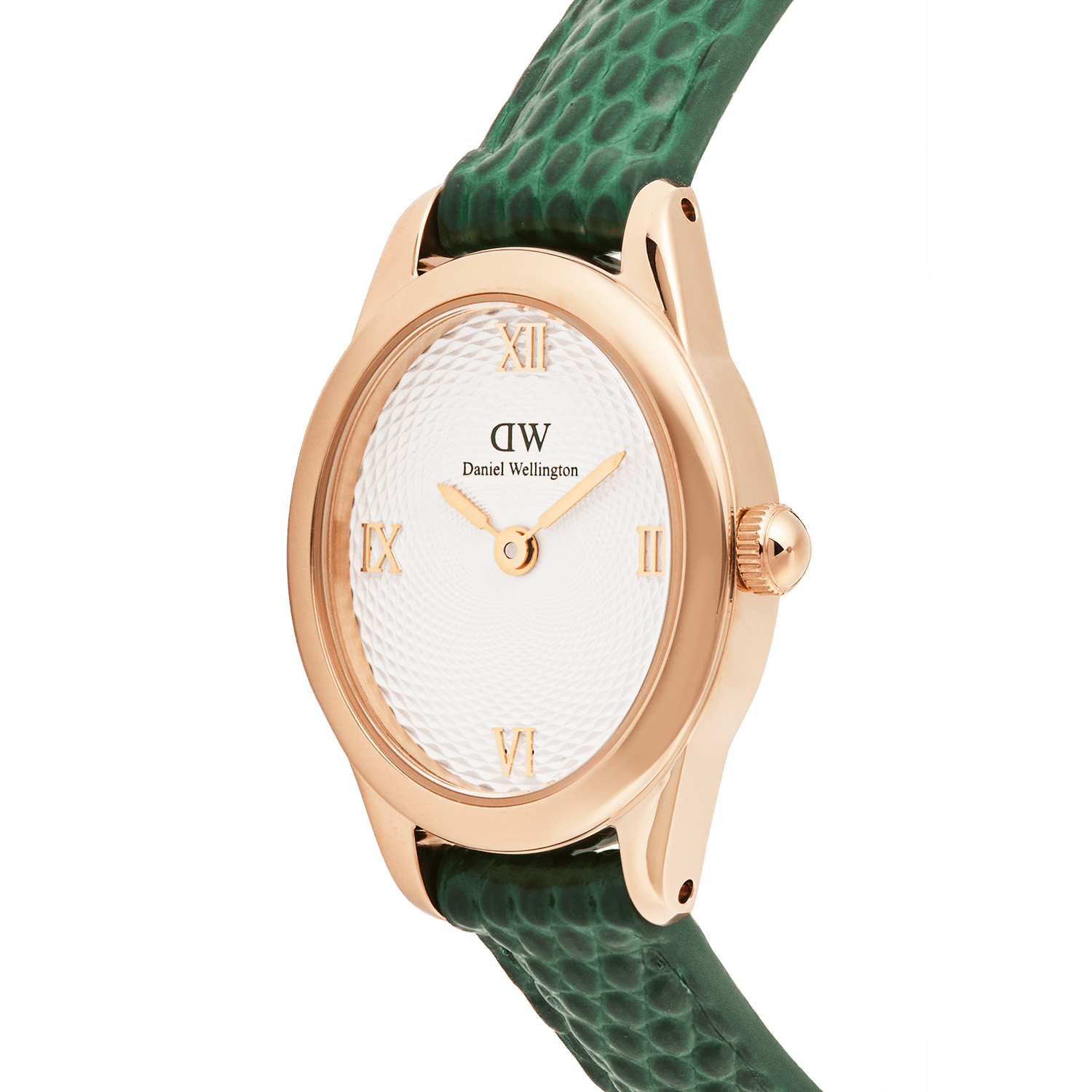 Close-up of the Ophelia Mini Green Lizard White Guilloché Rose Gold watch, highlighting its textured white guilloché dial, rose gold Roman numerals, and green lizard embossed leather strap.