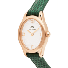 Close-up of the Ophelia Mini Green Lizard White Guilloché Rose Gold watch, highlighting its textured white guilloché dial, rose gold Roman numerals, and green lizard embossed leather strap.