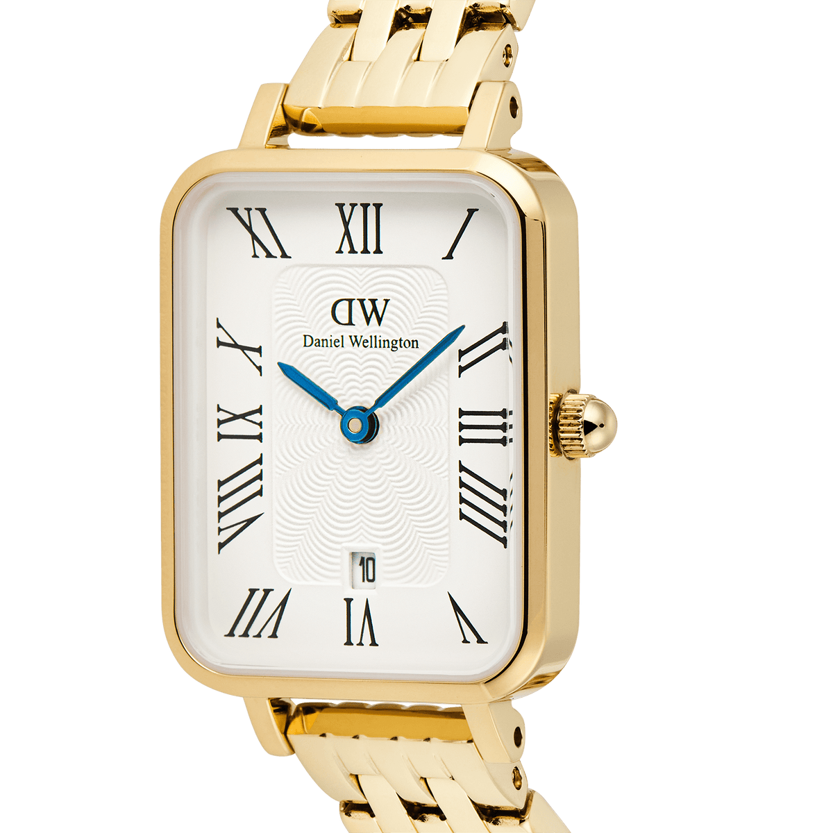 Rectangular gold ladies watch with a white dial, Roman numerals, blue hands, and a polished gold bracelet strap, part of the Quadro Roman Numerals Date collection.