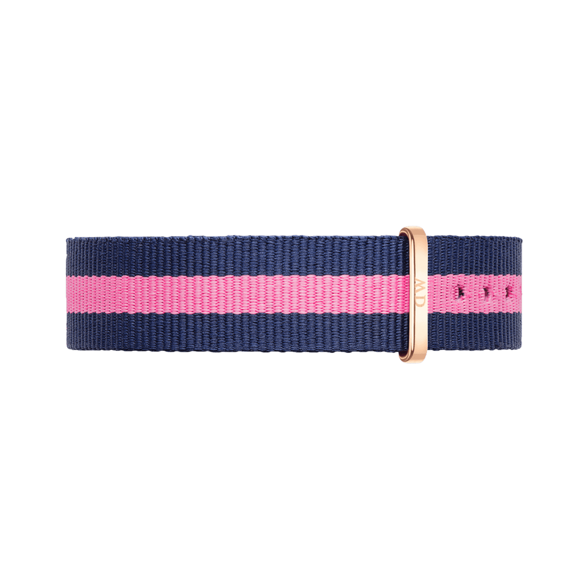Navy and pink striped Winchester Strap Rose Gold 18mm NATO watch strap with a slim rose gold buckle, made from durable polyester for a comfortable and stylish fit.