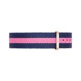 Navy and pink striped Winchester Strap Rose Gold 18mm NATO watch strap with a slim rose gold buckle, made from durable polyester for a comfortable and stylish fit.