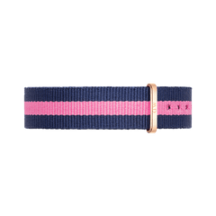 Navy and pink striped Winchester Strap Rose Gold 18mm NATO watch strap with a slim rose gold buckle, made from durable polyester for a comfortable and stylish fit.