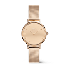 Petite Reflection Rose Gold watch with a 28mm mirror-effect rose gold dial and a polished rose gold mesh strap, featuring minimalist hour markers and a slim, elegant design ideal for petite wrists.