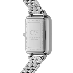 Back view of the Quadro Lumine Bezel 5-Link Arctic Silver watch showing the stainless steel case, engraved details, and polished 5-link bracelet.