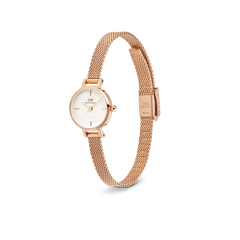Petite Mini Melrose ladies watch with a rose gold mesh strap, minimalist white dial, and slim stainless steel case, shown at an angle to highlight its elegant and adjustable bracelet design.