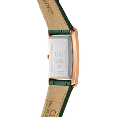 Back view of the Bound Crocodile Emerald Sunray Rose Gold watch showing the stainless steel case, rose gold sides, and genuine emerald green leather strap with crocodile embossing.
