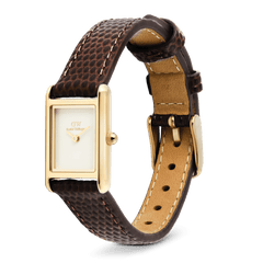 Bound Mini Dark Brown Lizard Gold watch featuring a rectangular gold case, minimalist white dial, and a textured brown lizard grain leather strap with a gold pin buckle.