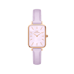 Quadro Lavender MOP Rose Gold ladies watch featuring a rectangular rose gold case, soft lavender mother of pearl dial, and pastel purple leather strap, designed for everyday elegance and comfort.