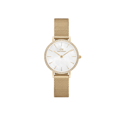 Petite Lumine Bezel Evergold MOP gold watch with a slim mesh strap, white mother of pearl dial, and gemstone bezel, showcasing an elegant and minimalist design suitable for everyday wear.