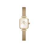Quadro Mini Evergold Champagne gold watch with a petite rectangular case, champagne sunray dial, and an elegant gold mesh strap, designed for women seeking a refined and comfortable everyday accessory.