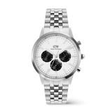 Silver Iconic Chronograph Arch 5-Link Off-White Panda watch with a polished and brushed stainless steel bracelet, featuring a crisp off-white dial and bold black sub-dials for a classic men's chronograph style.