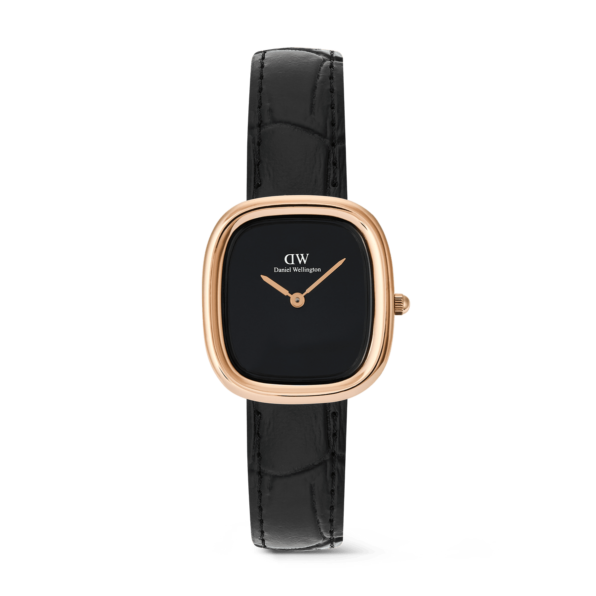 Margot Reading Onyx Ceramic Rose Gold ladies watch with a compact rectangular rose gold case, minimalist black dial, and pressed croc black leather strap, designed for everyday elegance and versatility.