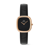 Margot Reading Onyx Ceramic Rose Gold ladies watch with a compact rectangular rose gold case, minimalist black dial, and pressed croc black leather strap, designed for everyday elegance and versatility.