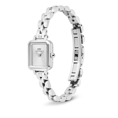 Quadro Mini Arch 3-link White Sunray Silver ladies watch with a rectangular stainless steel case, minimalist white sunray dial, and polished adjustable 3-link bracelet featuring a button-less butterfly clasp.