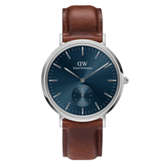 Classic Multi-Eye St Mawes Arctic Silver men's watch with a deep blue dial, silver round case, minimalist markers, and a brown genuine leather strap, featuring a multi-eye chronograph design.
