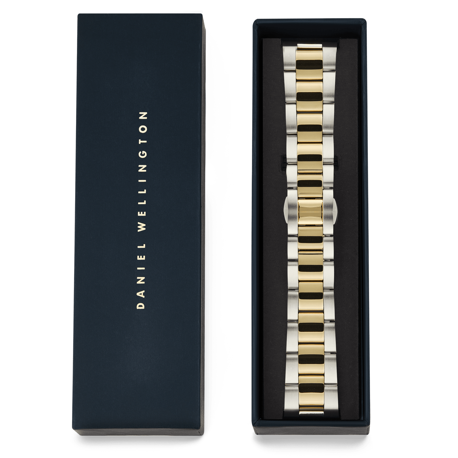 Smartwatch Iconic Link two-tone strap with polished gold centre links and brushed silver outer links, presented in a sleek Daniel Wellington gift box.
