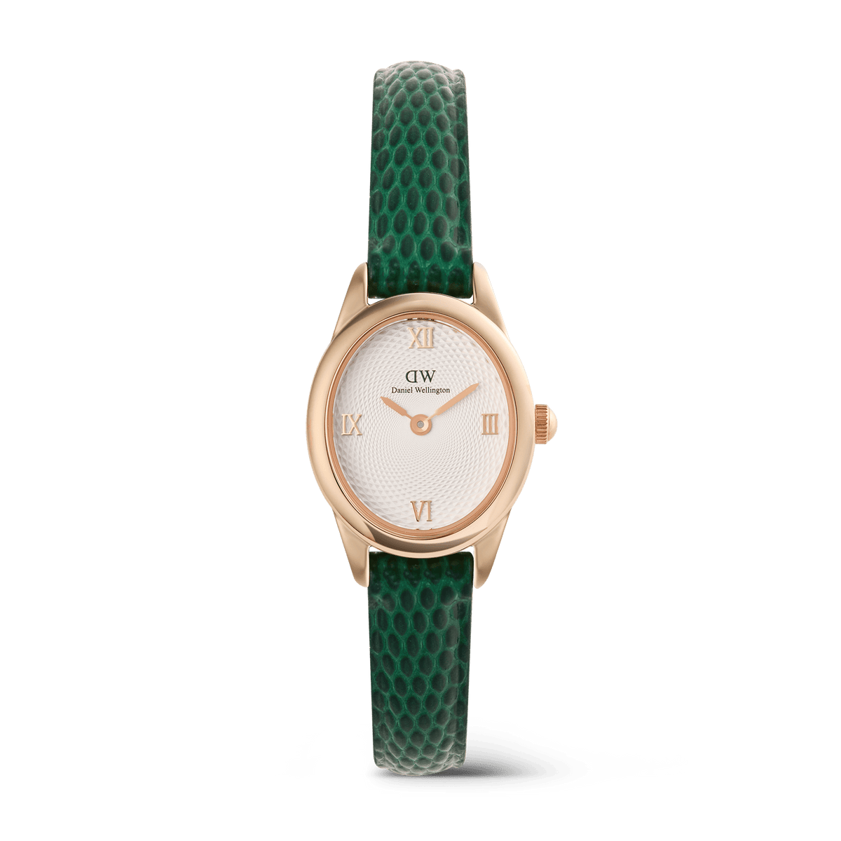 Ophelia Mini Green Lizard White Guilloché Rose Gold watch featuring a petite oval rose gold case, white guilloché dial with rose gold Roman numerals, and a green lizard embossed leather strap.